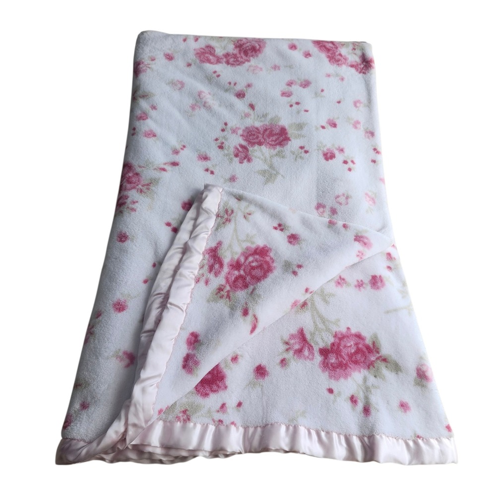 SHABBY CHIC Pink Rose Floral Plush Blanket Satin Ruffle Trim Twin Sz Cottagecore